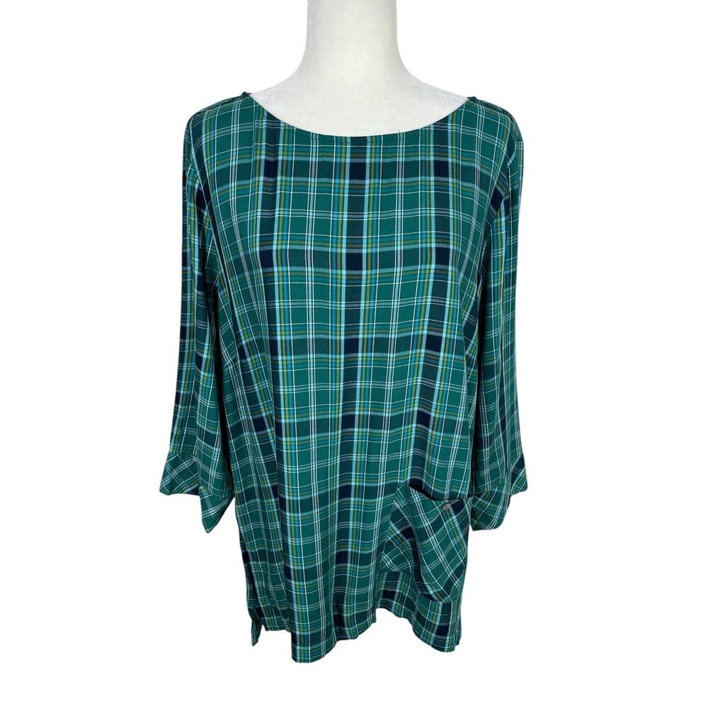 J.Jill Rayon Plaid Tunic Top Pocket Green Blue Size XL Boho Lagenlook Casual